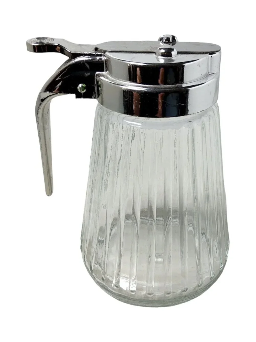 Vintage Anchor Hocking 1960s drip stop Plastic Lid Style Ribbed Clear Glass, Syr